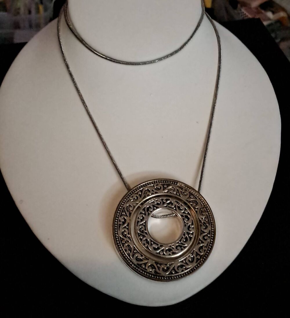 Double Disk Pendant Necklace Round Medallion Silver Tone Adjustable Length